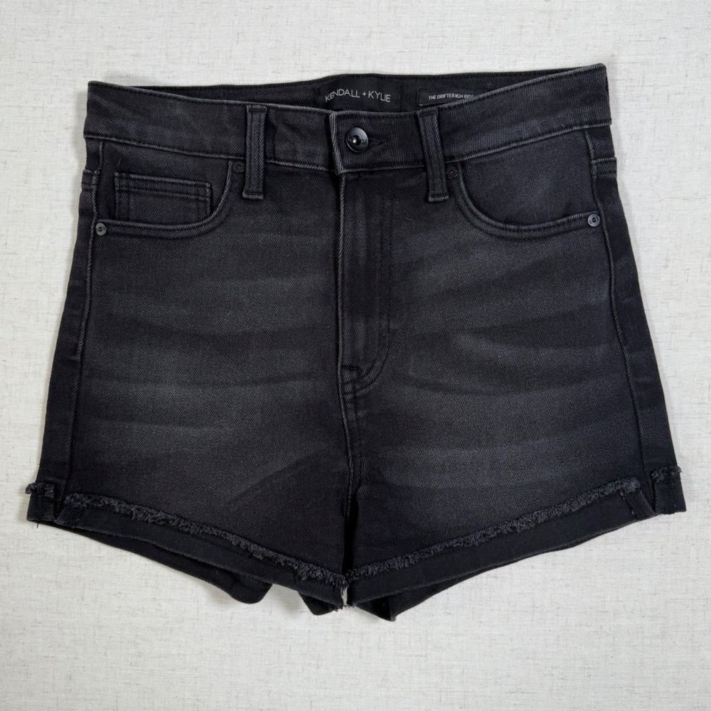 Kendall + Kylie The Drifter High Rise Black Denim‎ Shorts Frayed Hem Size 5 27